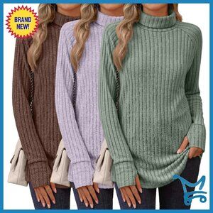 Women's Turtleneck Long Sleeve Tunic Sweater Thumbhole Raglan Loose Fit